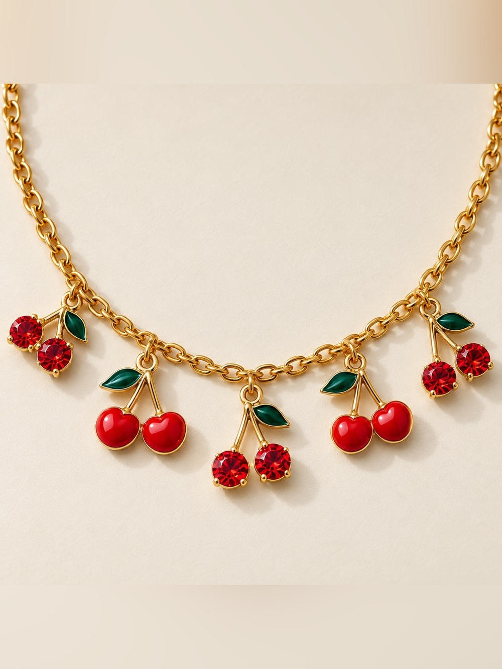 Vintage Gold Cherry Charm Necklace with Red and Green Accents